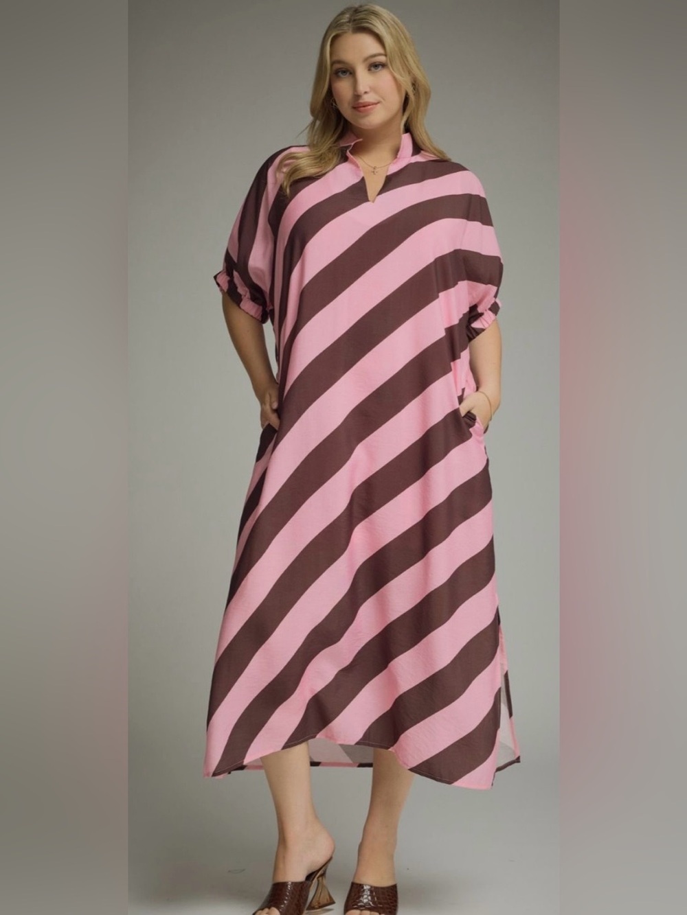 New!Entro Boutique Pink & Brown Pocket Diagonal Stripe Midi Dress Size 2X